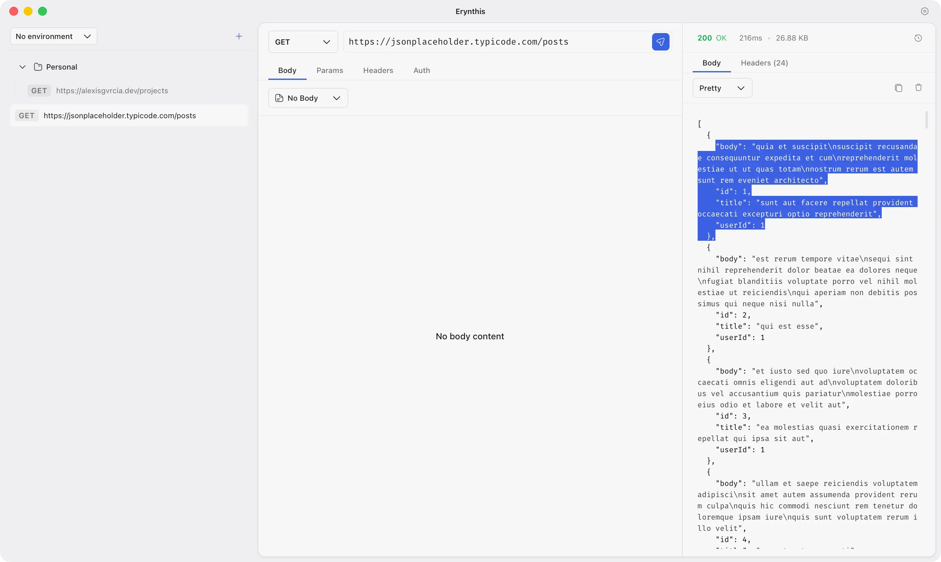Erynthis API client showing an HTTP request and response